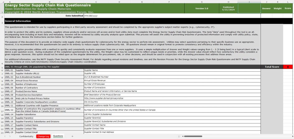 Screenshot of NATF Supply Chain questionnaire